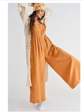 Free People Sun Drenched Wide-Leg Jumpsuit Overalls textured cotton relaxed fit